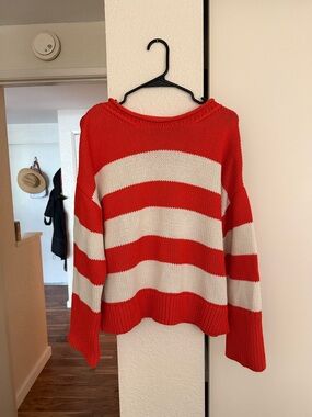 Banana Republic Red and Cream Striped Crewneck Sweater